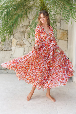 Eva Dress Crew Neck 3/4 Sleeve Maxi Length Cotton Musola (Caribbean Tile)