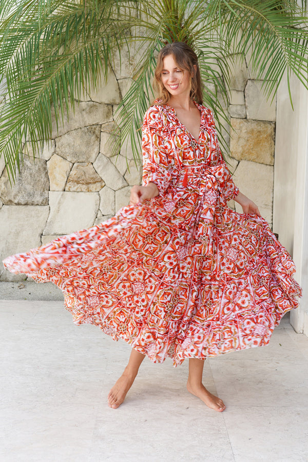 Eva Dress Crew Neck 3/4 Sleeve Maxi Length Cotton Musola (Caribbean Tile)