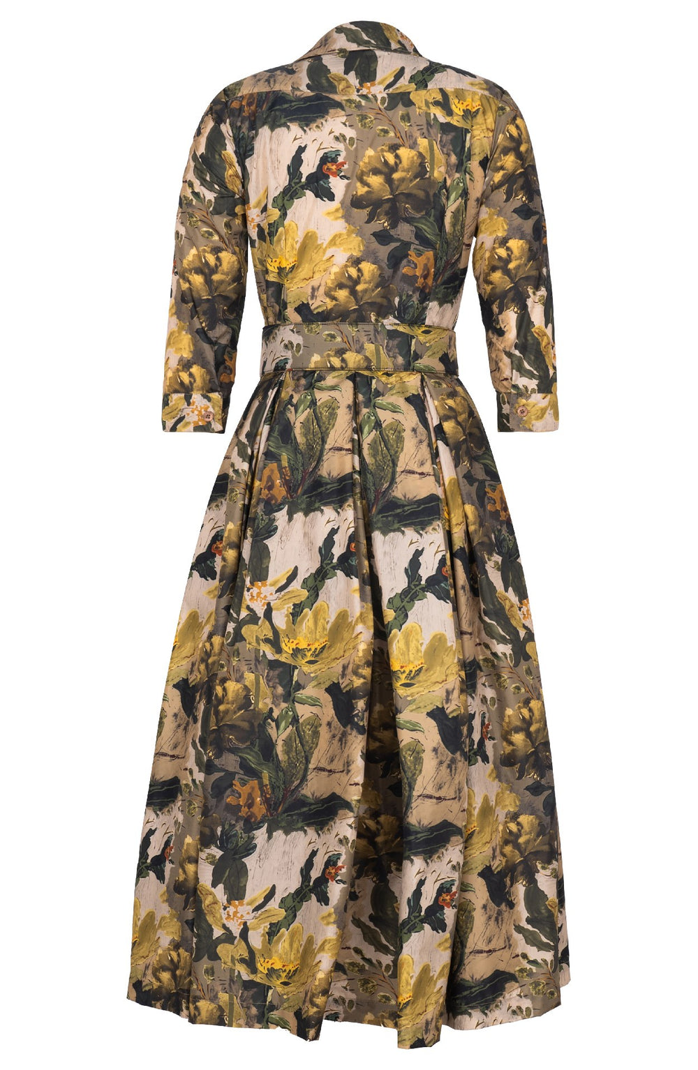 Audrey Dress #7 Shirt Collar 3/4 Sleeve Midi Plus Length Poliamide Taffta (Carmella Flower)