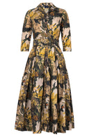 Audrey Dress #7 Shirt Collar 3/4 Sleeve Midi Plus Length Poliamide Taffta (Carmella Flower)