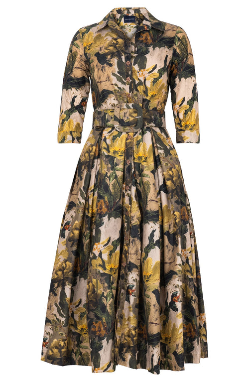 Audrey Dress #7 Shirt Collar 3/4 Sleeve Midi Plus Length Poliamide Taffta (Carmella Flower)