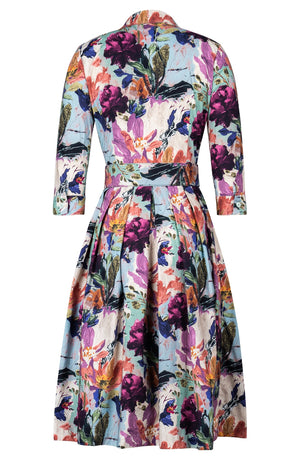 Audrey Dress #1 Shirt Collar 3/4 Sleeve Long Length Cotton Stretch (Carmella Flower)