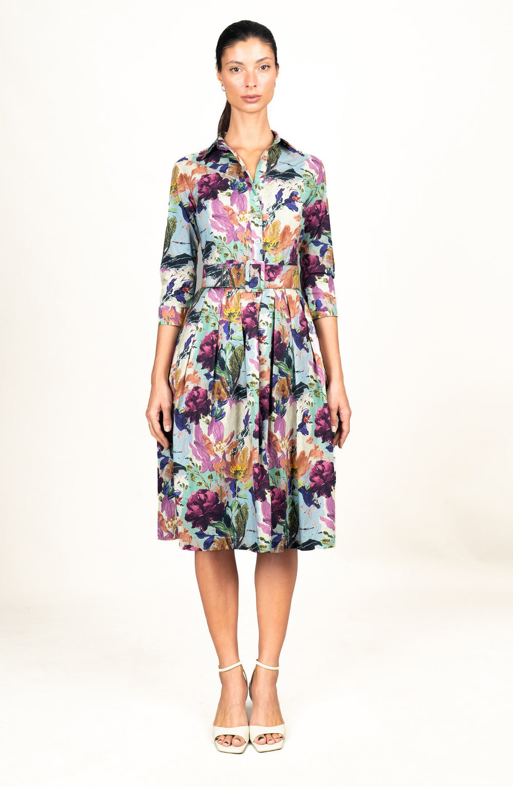 Audrey Dress #1 Shirt Collar 3/4 Sleeve Long Length Cotton Stretch (Carmella Flower)
