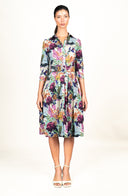 Audrey Dress #1 Shirt Collar 3/4 Sleeve Long Length Cotton Stretch (Carmella Flower)