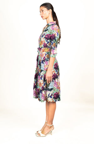 Audrey Dress #1 Shirt Collar 3/4 Sleeve Long Length Cotton Stretch (Carmella Flower)
