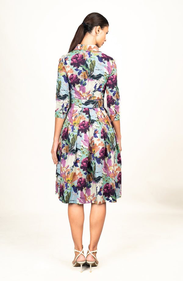 Audrey Dress #1 Shirt Collar 3/4 Sleeve Long Length Cotton Stretch (Carmella Flower)