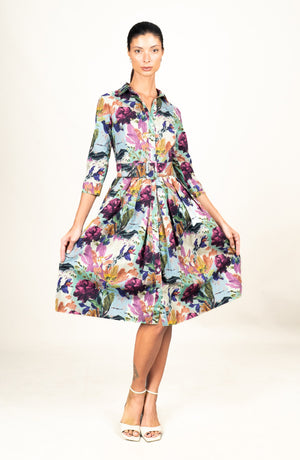 Audrey Dress #1 Shirt Collar 3/4 Sleeve Long Length Cotton Stretch (Carmella Flower)