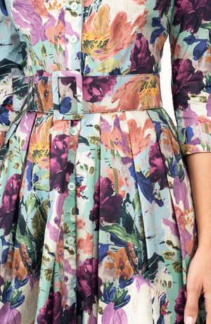 Audrey Dress #1 Shirt Collar 3/4 Sleeve Long Length Cotton Stretch (Carmella Flower)