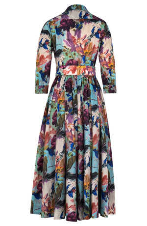 Sabrina Dress Shirt Collar 3/4 Sleeve Midi Plus Length Poliamide Taffta (Camella Flower) - Dusty Aqua Rapsberry