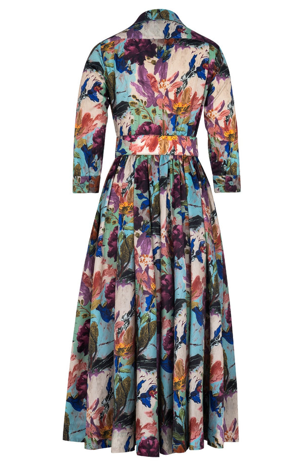 Sabrina Dress Shirt Collar 3/4 Sleeve Midi Plus Length Poliamide Taffta (Camella Flower) - Dusty Aqua Rapsberry
