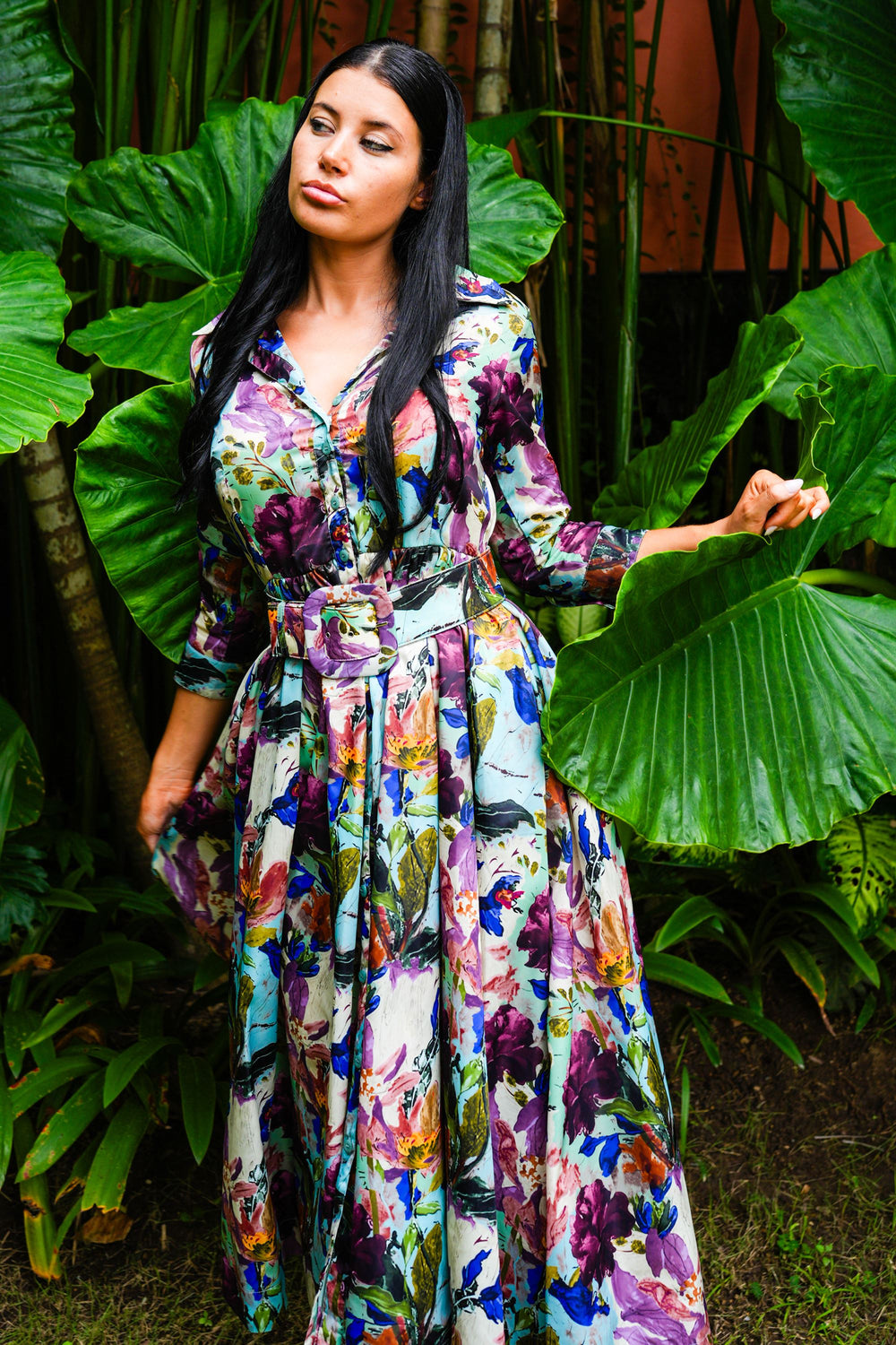 Sabrina Dress Shirt Collar 3/4 Sleeve Midi Plus Length Poliamide Taffta (Carmella Flower)