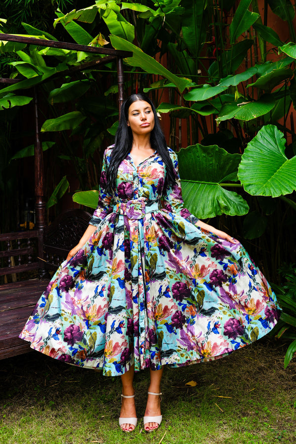 Sabrina Dress Shirt Collar 3/4 Sleeve Midi Plus Length Poliamide Taffta (Carmella Flower)