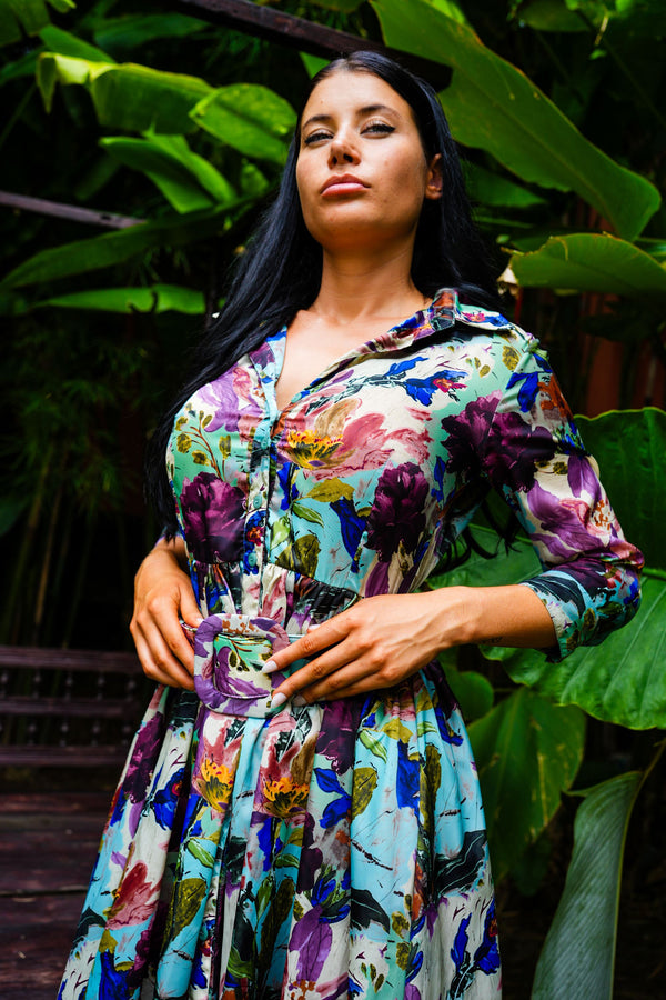 Sabrina Dress Shirt Collar 3/4 Sleeve Midi Plus Length Poliamide Taffta (Carmella Flower)