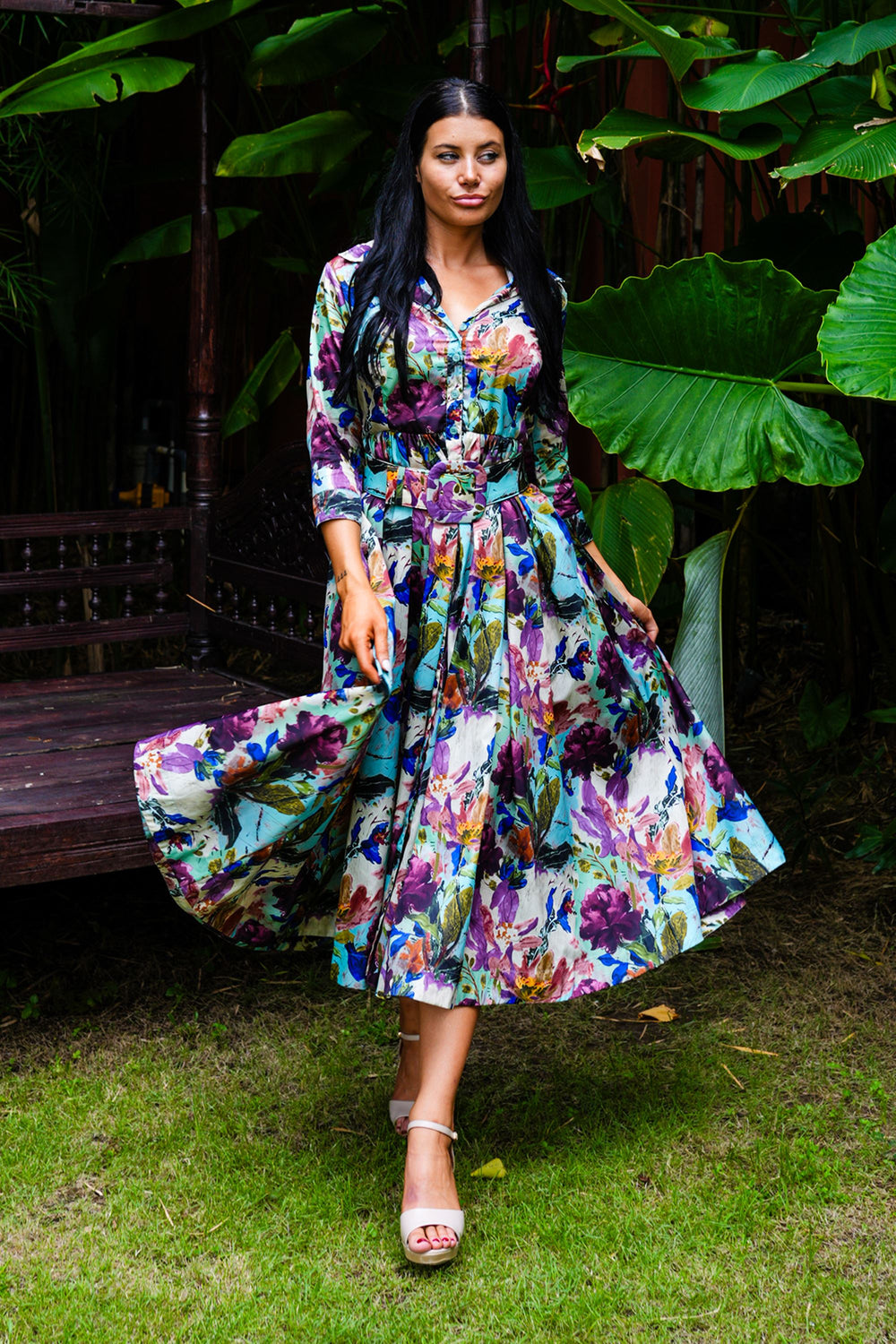 Sabrina Dress Shirt Collar 3/4 Sleeve Midi Plus Length Poliamide Taffta (Carmella Flower)