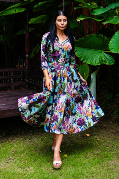 Sabrina Dress Shirt Collar 3/4 Sleeve Midi Plus Length Poliamide Taffta (Carmella Flower)