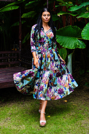 Sabrina Dress Shirt Collar 3/4 Sleeve Midi Plus Length Poliamide Taffta (Carmella Flower)