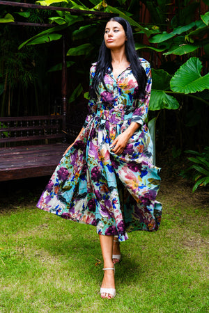 Sabrina Dress Shirt Collar 3/4 Sleeve Midi Plus Length Poliamide Taffta (Carmella Flower)