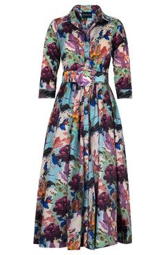 Sabrina Dress Shirt Collar 3/4 Sleeve Midi Plus Length Poliamide Taffta (Camella Flower) - Dusty Aqua Rapsberry