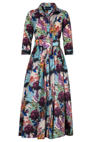 Sabrina Dress Shirt Collar 3/4 Sleeve Midi Plus Length Poliamide Taffta (Camella Flower) - Dusty Aqua Rapsberry