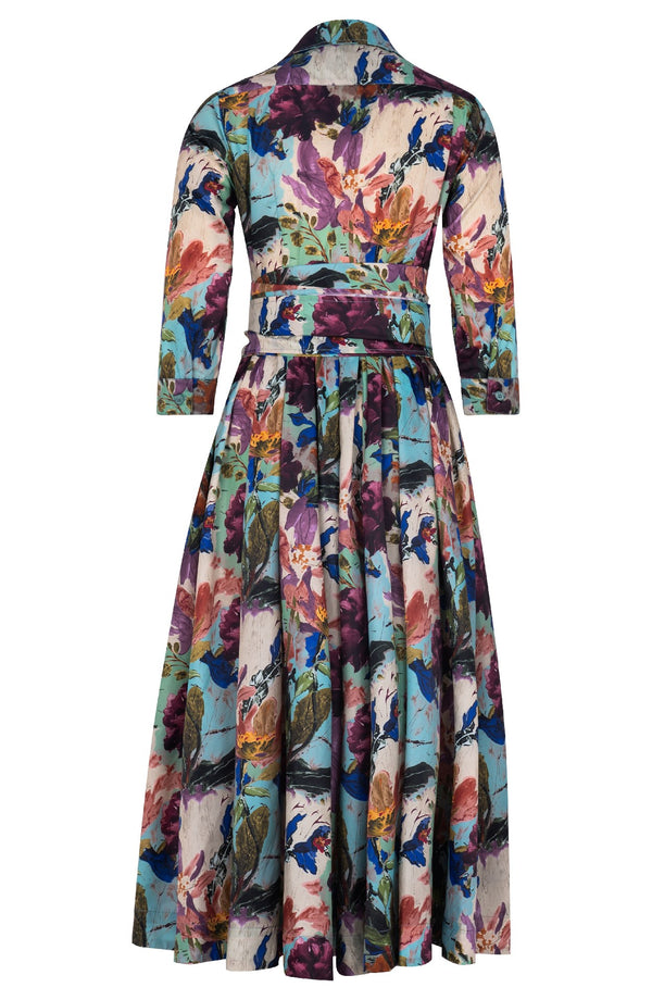 Sabrina Dress Shirt Collar 3/4 Sleeve Midi Plus Length Poliamide Taffta (Camella Flower) - Dusty Aqua Rapsberry
