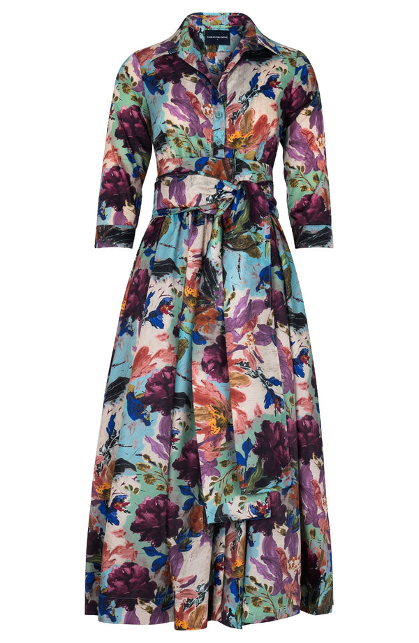 Sabrina Dress Shirt Collar 3/4 Sleeve Midi Plus Length Poliamide Taffta (Camella Flower) - Dusty Aqua Rapsberry