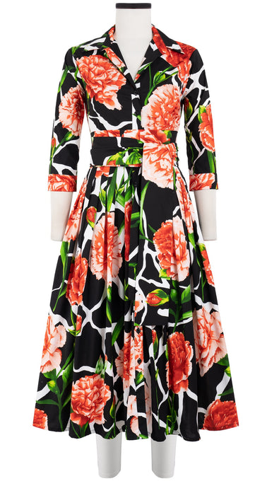 Audrey Dress #2 Shirt Collar 3/4 Sleeve Midi Length Cotton Stretch (Carnation Giraffe)