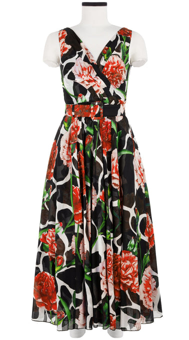 Vivien Dress #1 V Neck Sleeveless Midi Plus Length Cotton Musola (Carnation Giraffe)