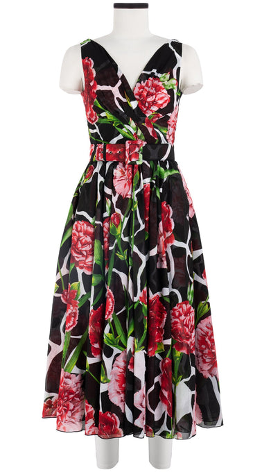 Vivien Dress #1 V Neck Sleeveless Midi Length Cotton Musola (Carnation Giraffe)