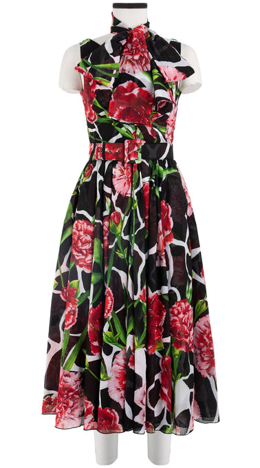 Vivien Dress #1 V Neck Sleeveless Midi Length Cotton Musola (Carnation Giraffe)