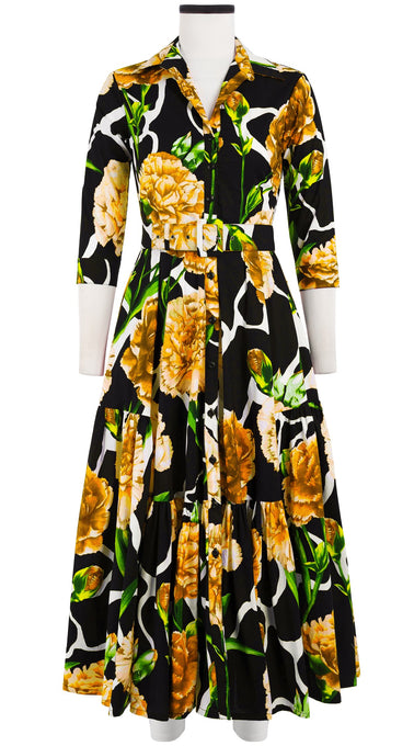 Amanda Dress Shirt Collar 3/4 Sleeve Midi Plus Length Cotton Stretch (Carnation Giraffe)