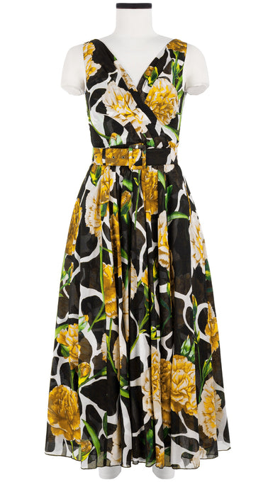 Vivien Dress #1 V Neck Sleeveless Midi Plus Length Cotton Musola (Carnation Giraffe)