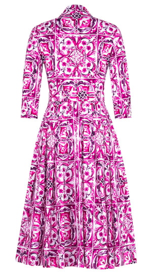 Audrey Dress #2 Shirt Collar 3/4 Sleeve Midi Length Cotton Stretch (Caribbean Tile)