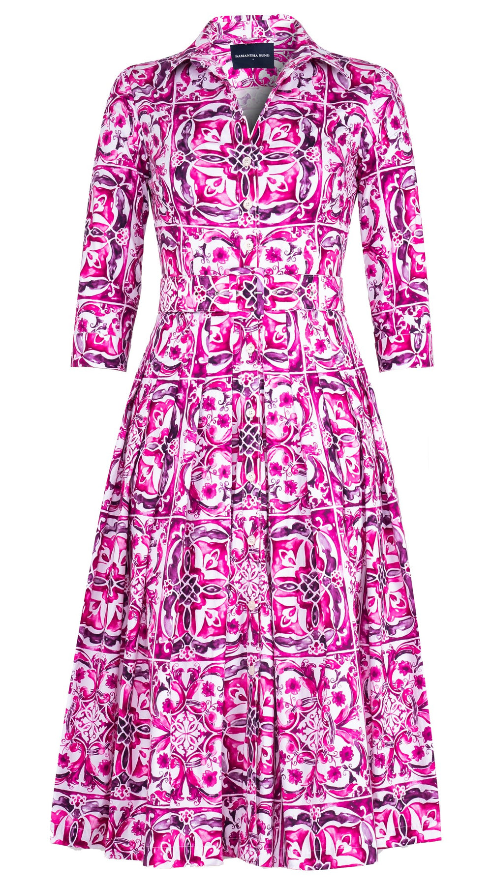 Audrey Dress #2 Shirt Collar 3/4 Sleeve Midi Length Cotton Stretch (Caribbean Tile)