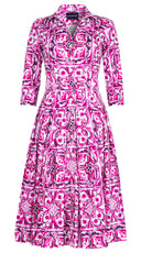 Audrey Dress #2 Shirt Collar 3/4 Sleeve Midi Length Cotton Stretch (Caribbean Tile)