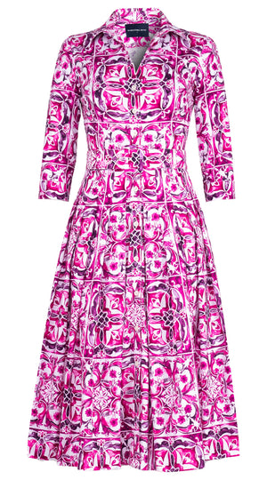 Audrey Dress #2 Shirt Collar 3/4 Sleeve Midi Length Cotton Stretch (Caribbean Tile)