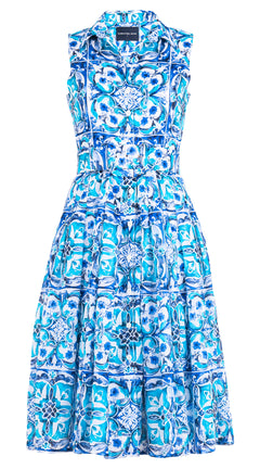 Audrey Dress #4 Shirt Collar 3/4 Sleeve Long Length Cotton Musola (Carribean Tile) @4