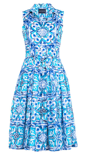 Audrey Dress #4 Shirt Collar 3/4 Sleeve Long Length Cotton Musola (Carribean Tile) @4