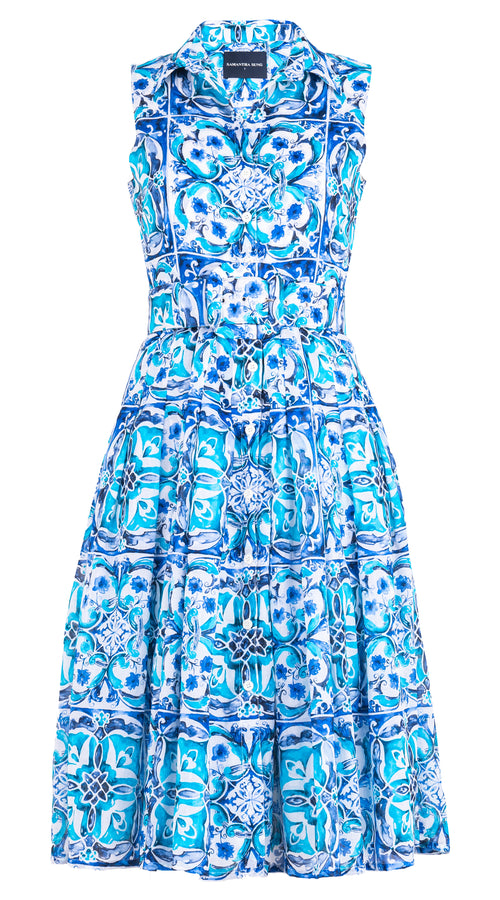 Audrey Dress #4 Shirt Collar 3/4 Sleeve Long Length Cotton Musola (Carribean Tile) @4