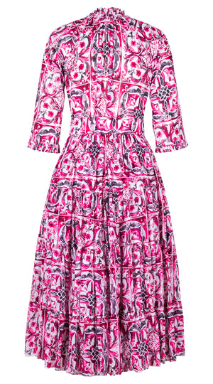 Eva Dress Crew Neck 3/4 Sleeve Midi Length Cotton Musola (Caribbean Tile)