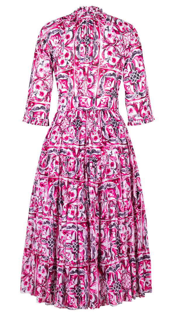 Eva Dress Crew Neck 3/4 Sleeve Midi Length Cotton Musola (Caribbean Tile)
