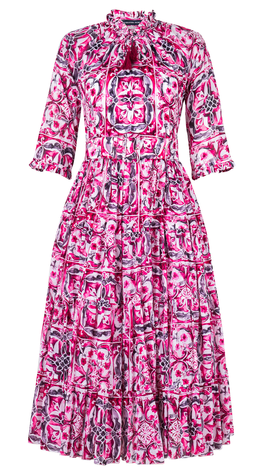 Eva Dress Crew Neck 3/4 Sleeve Midi Length Cotton Musola (Caribbean Tile)