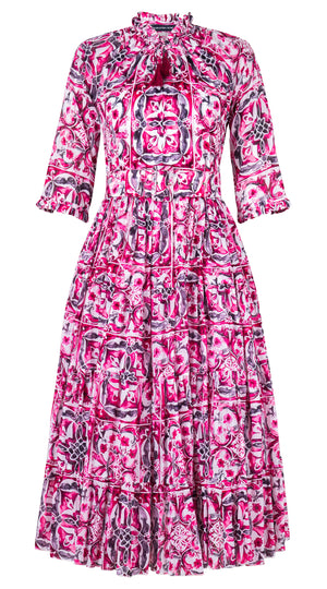 Eva Dress Crew Neck 3/4 Sleeve Midi Length Cotton Musola (Caribbean Tile)