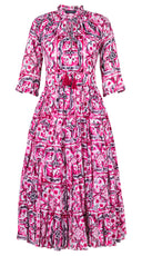 Eva Dress Crew Neck 3/4 Sleeve Midi Length Cotton Musola (Caribbean Tile)