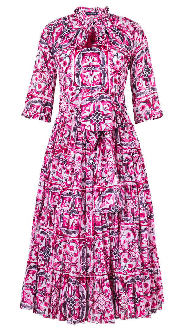 Eva Dress Crew Neck 3/4 Sleeve Midi Length Cotton Musola (Caribbean Tile)