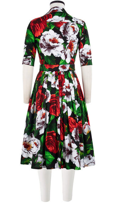 Audrey Dress #2 Shirt Collar 1/2 Sleeve Long Length Cotton Stretch (Casanova Rose All Over Bright)