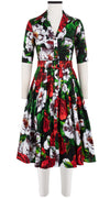 Audrey Dress #2 Shirt Collar 1/2 Sleeve Long Length Cotton Stretch (Casanova Rose All Over Bright)