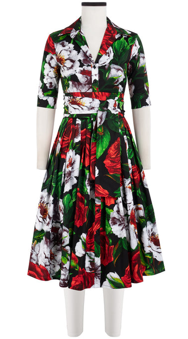 Audrey Dress #2 Shirt Collar 1/2 Sleeve Long Length Cotton Stretch (Casanova Rose All Over Bright)