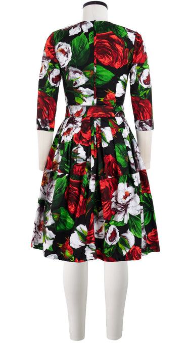 Rachel Dress Crew Neck 3/4 Sleeve Cotton Stretch (Casanova Rose All Over Bright)