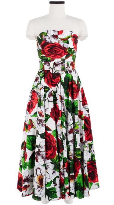 Carol Dress Tube Strapless with Hamilton Belt Midi Plus Length Cotton Stretch (Casanova Rose All Over Bright)
