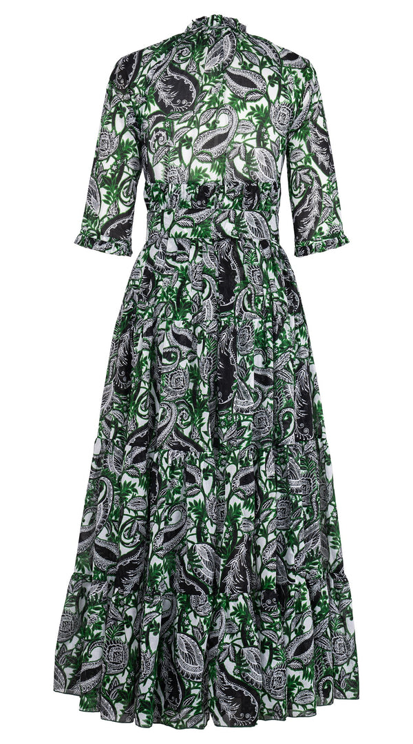 Eden Dress Crew Neck 3/4 Sleeve Maxi Length Cotton Musola (Cachemire Paisley White)